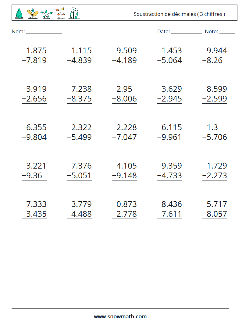 (25) Soustraction de décimales ( 3 chiffres ) Fiches d'Exercices de Mathématiques 12