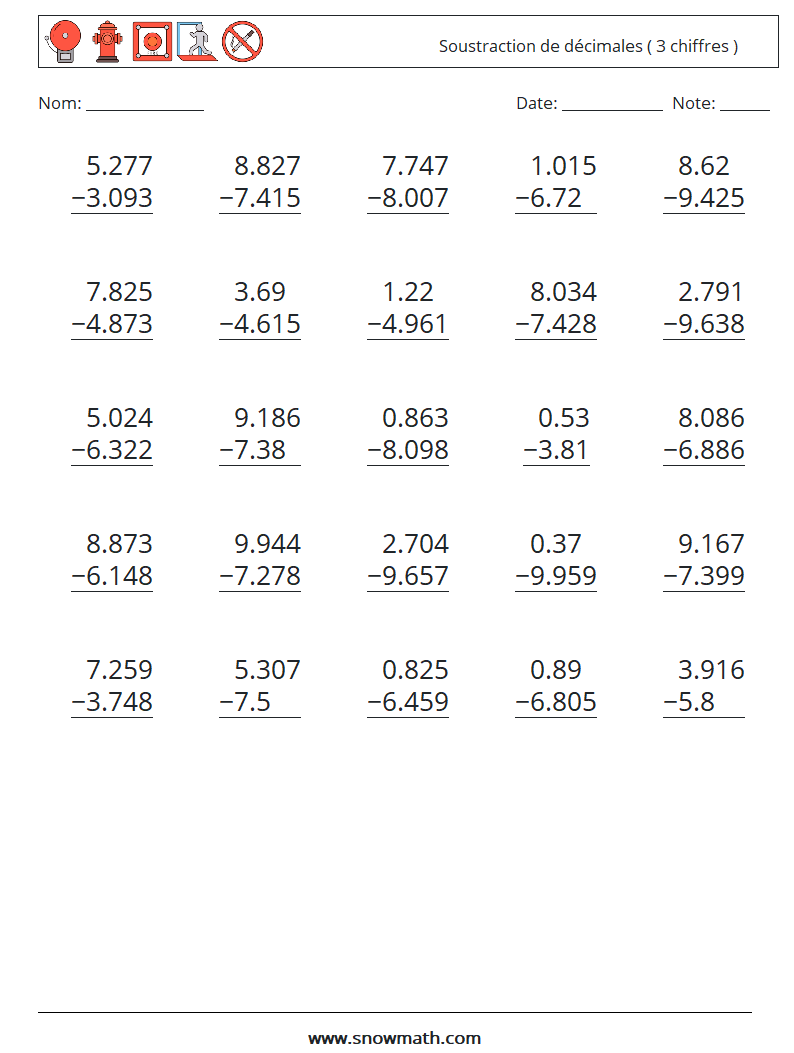 (25) Soustraction de décimales ( 3 chiffres ) Fiches d'Exercices de Mathématiques 13