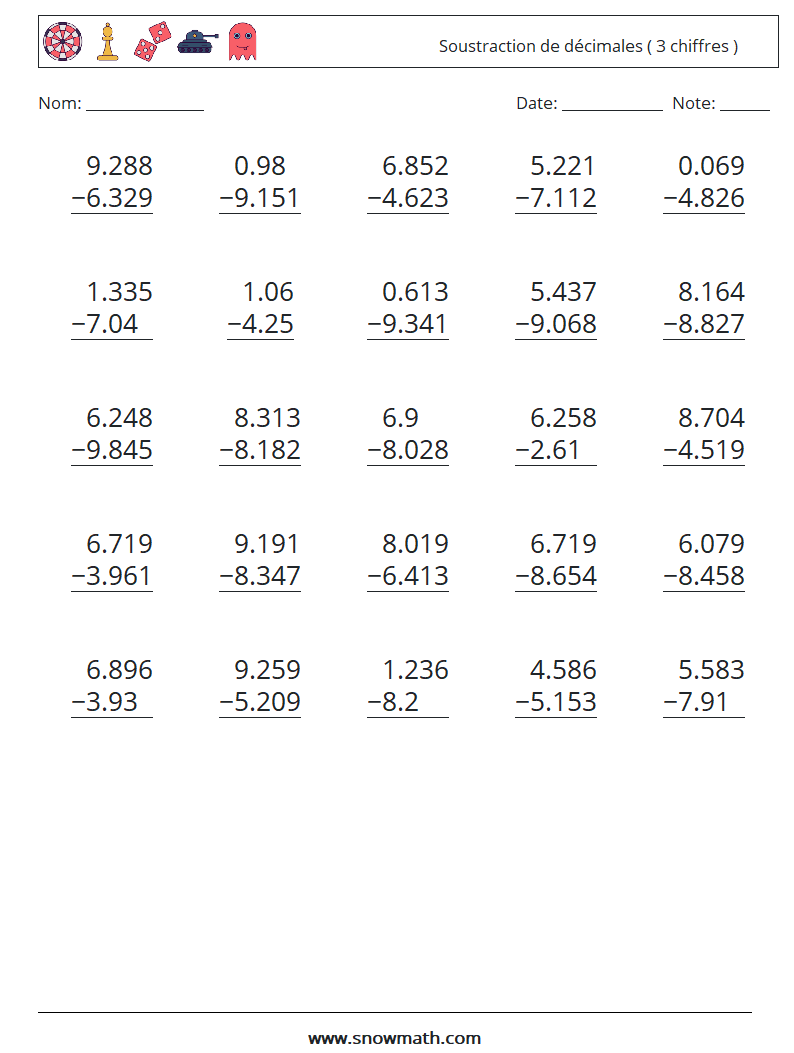 (25) Soustraction de décimales ( 3 chiffres ) Fiches d'Exercices de Mathématiques 15