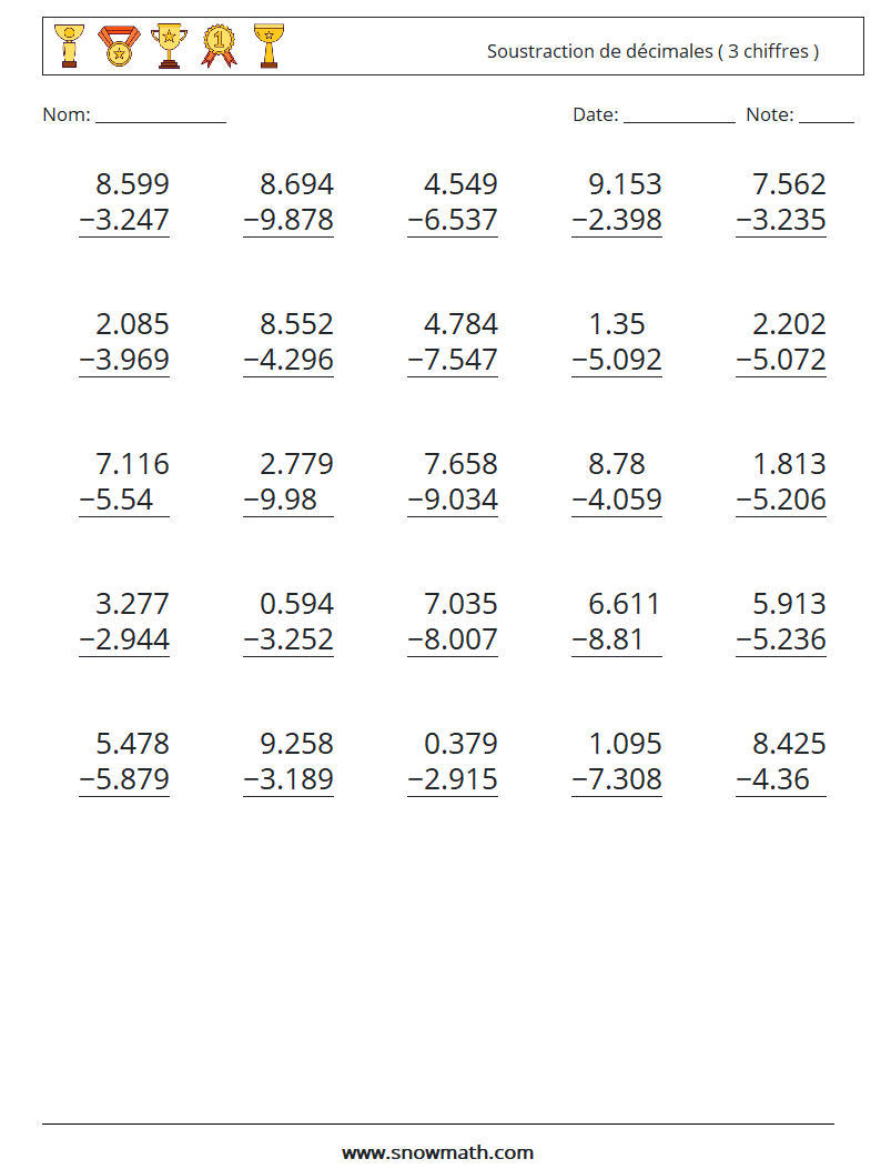 (25) Soustraction de décimales ( 3 chiffres ) Fiches d'Exercices de Mathématiques 17