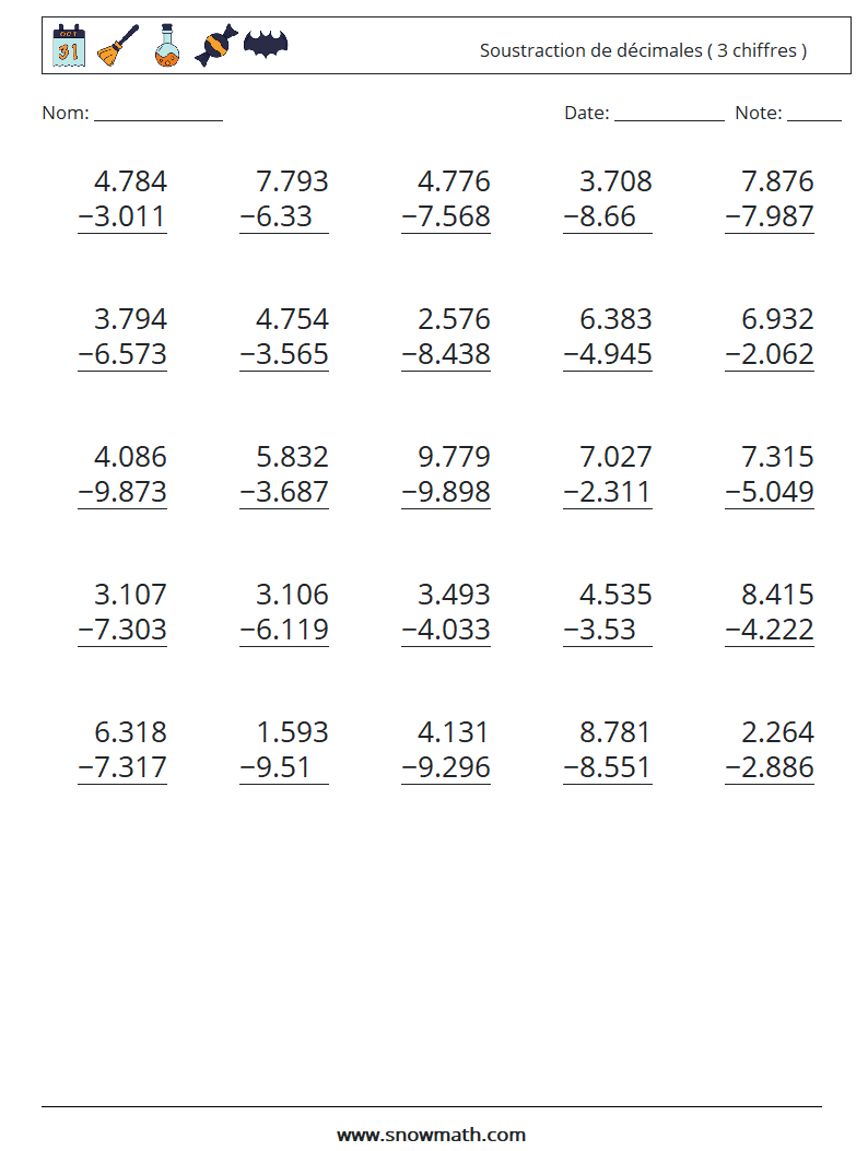 (25) Soustraction de décimales ( 3 chiffres ) Fiches d'Exercices de Mathématiques 18