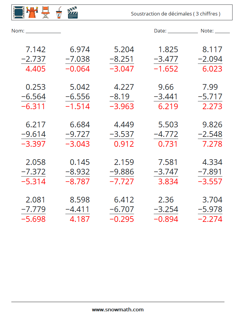 (25) Soustraction de décimales ( 3 chiffres ) Fiches d'Exercices de Mathématiques 1 Question, Réponse
