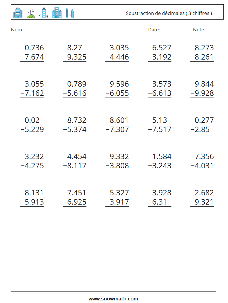 (25) Soustraction de décimales ( 3 chiffres ) Fiches d'Exercices de Mathématiques 2