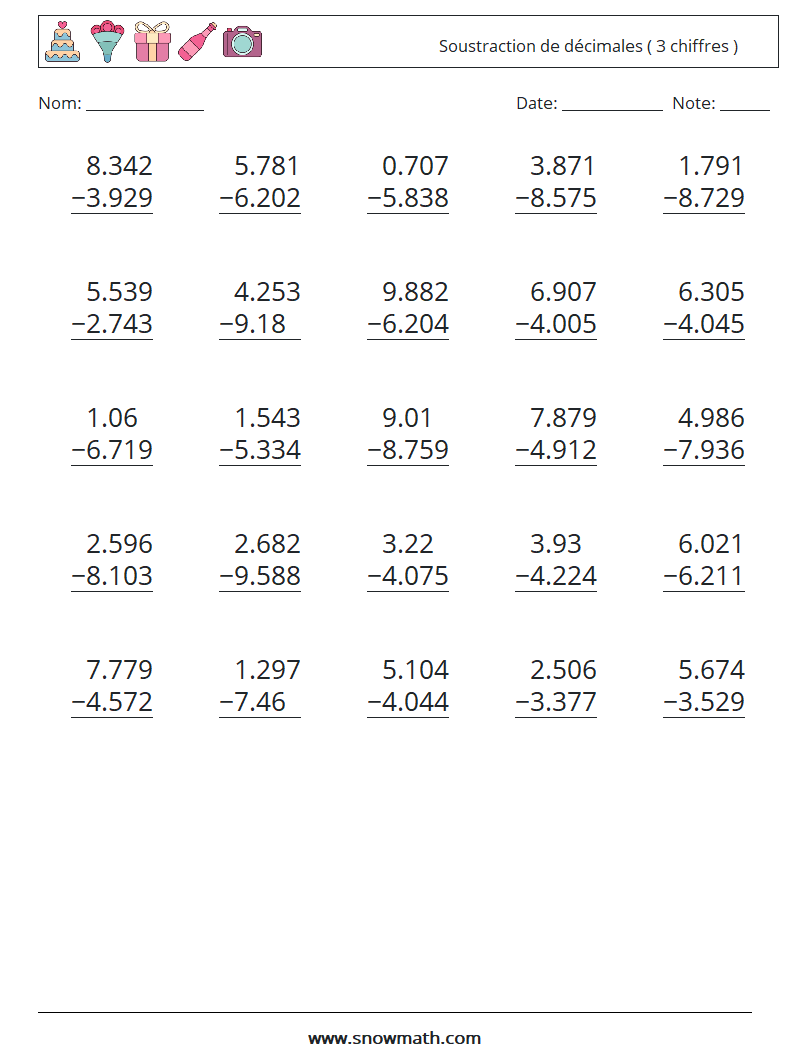 (25) Soustraction de décimales ( 3 chiffres ) Fiches d'Exercices de Mathématiques 3