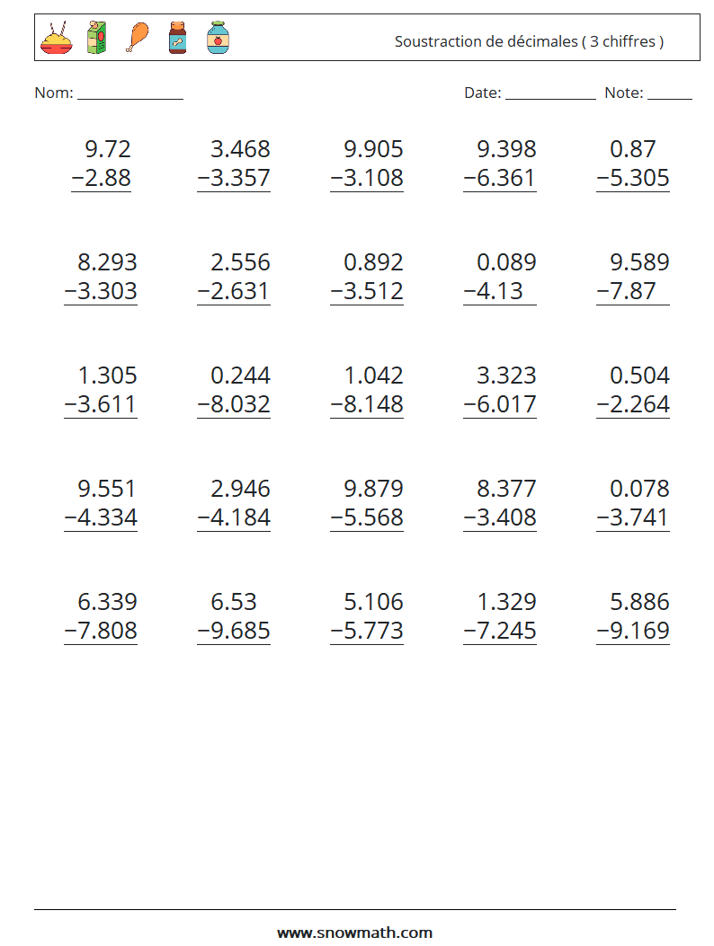 (25) Soustraction de décimales ( 3 chiffres ) Fiches d'Exercices de Mathématiques 6