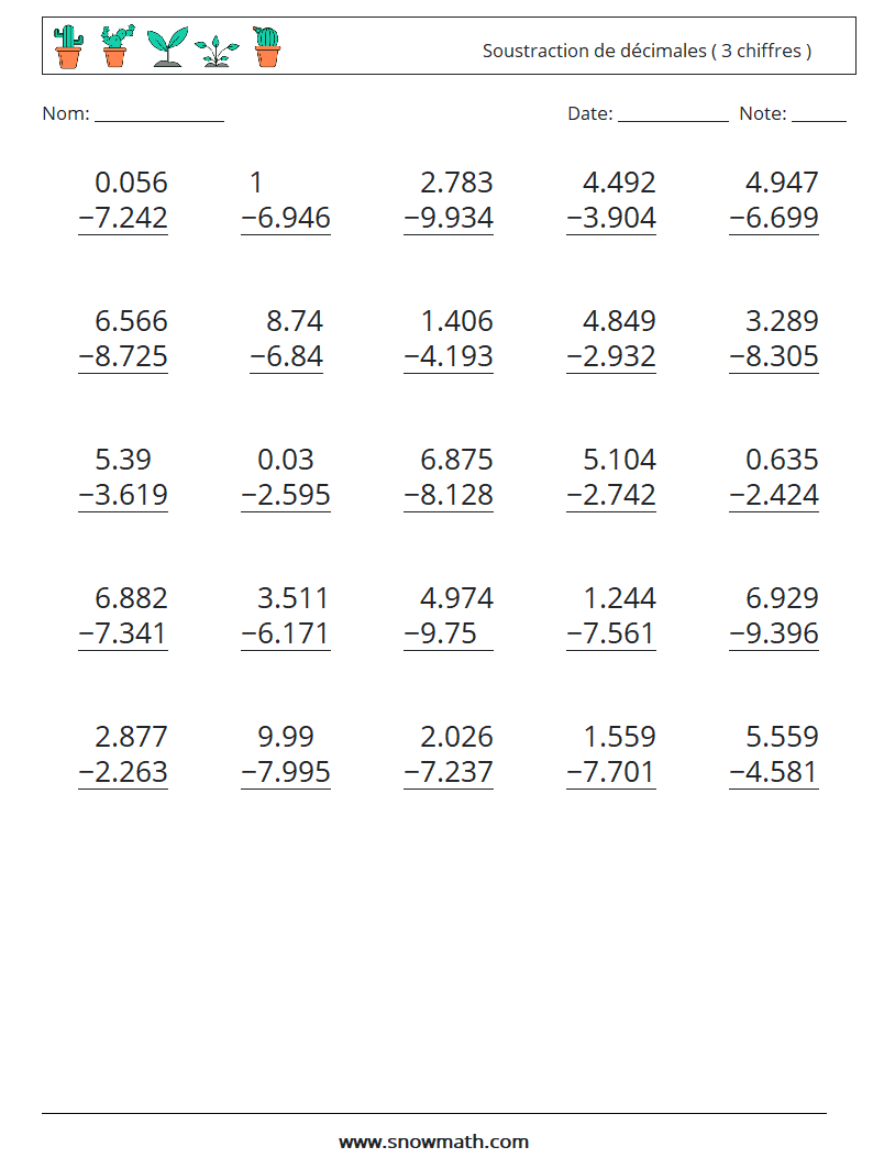 (25) Soustraction de décimales ( 3 chiffres ) Fiches d'Exercices de Mathématiques 7