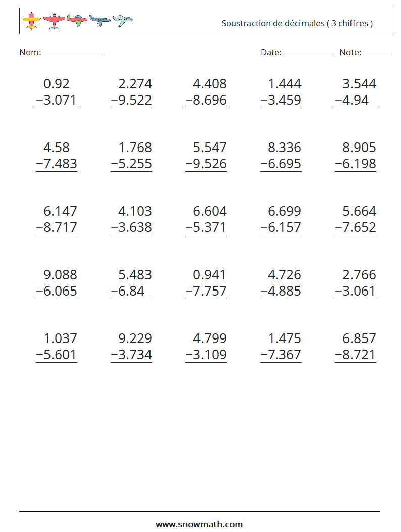 (25) Soustraction de décimales ( 3 chiffres ) Fiches d'Exercices de Mathématiques 8