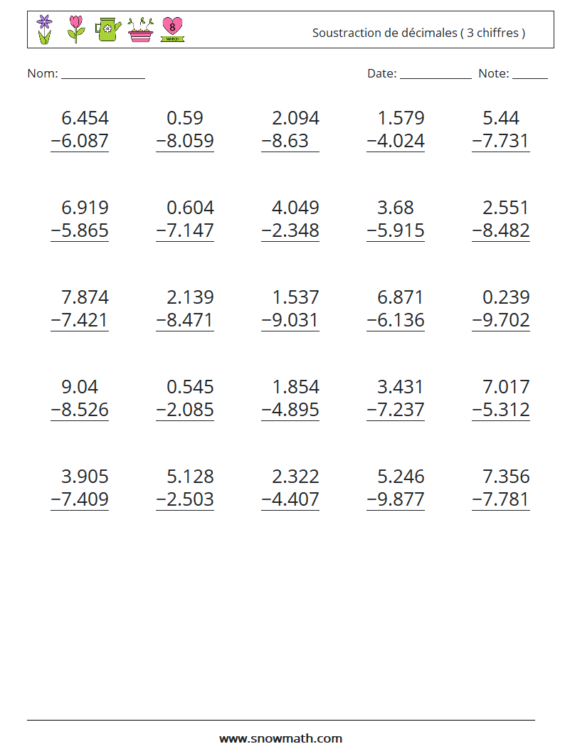 (25) Soustraction de décimales ( 3 chiffres ) Fiches d'Exercices de Mathématiques 9