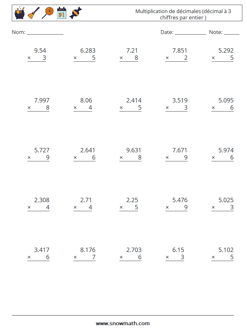 (25) Multiplication de décimales (décimal à 3 chiffres par entier ) Fiches d'Exercices de Mathématiques 1