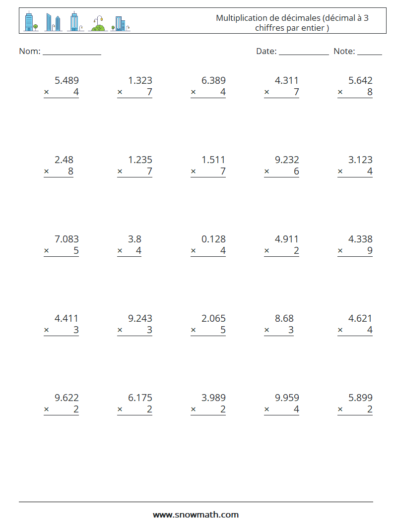 (25) Multiplication de décimales (décimal à 3 chiffres par entier ) Fiches d'Exercices de Mathématiques 10