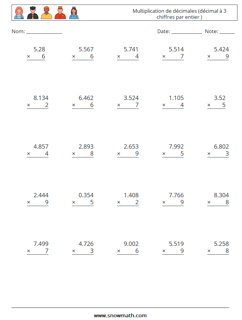 (25) Multiplication de décimales (décimal à 3 chiffres par entier ) Fiches d'Exercices de Mathématiques 11