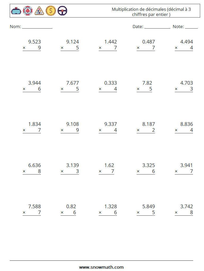 (25) Multiplication de décimales (décimal à 3 chiffres par entier ) Fiches d'Exercices de Mathématiques 12
