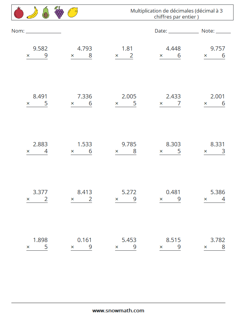 (25) Multiplication de décimales (décimal à 3 chiffres par entier ) Fiches d'Exercices de Mathématiques 13