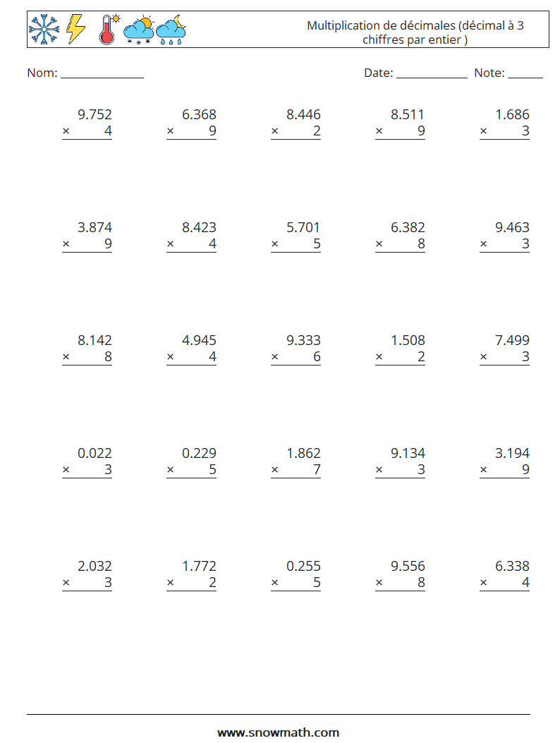 (25) Multiplication de décimales (décimal à 3 chiffres par entier ) Fiches d'Exercices de Mathématiques 14