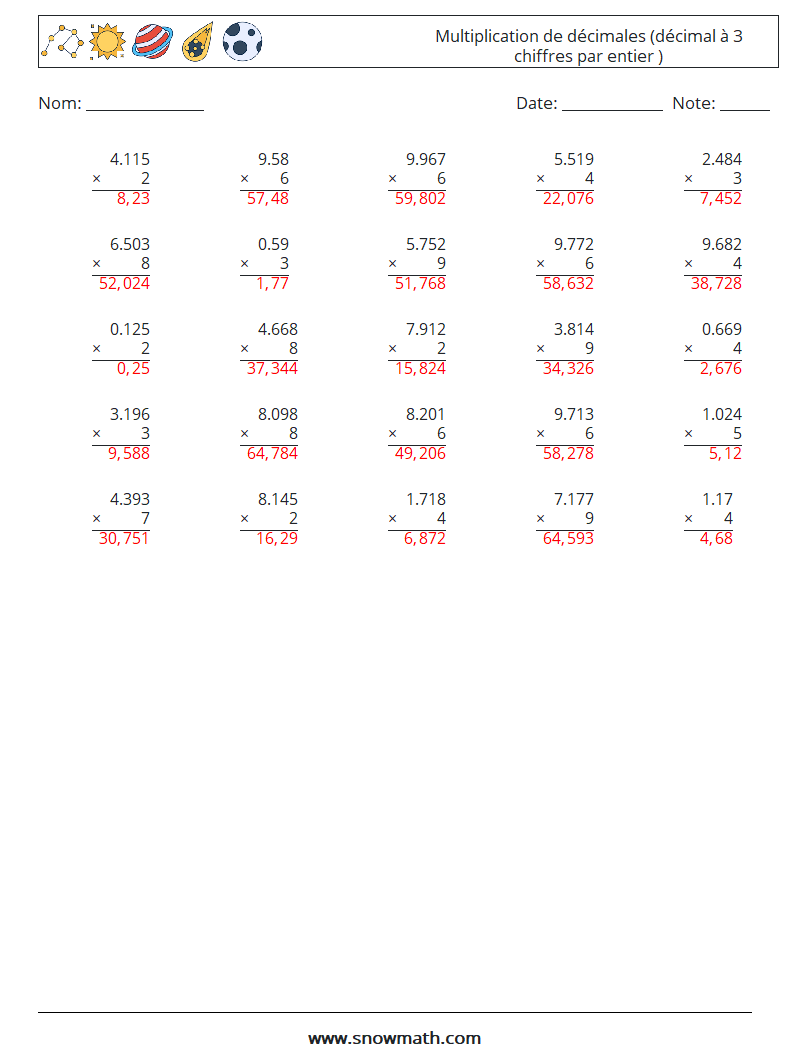 (25) Multiplication de décimales (décimal à 3 chiffres par entier ) Fiches d'Exercices de Mathématiques 15 Question, Réponse