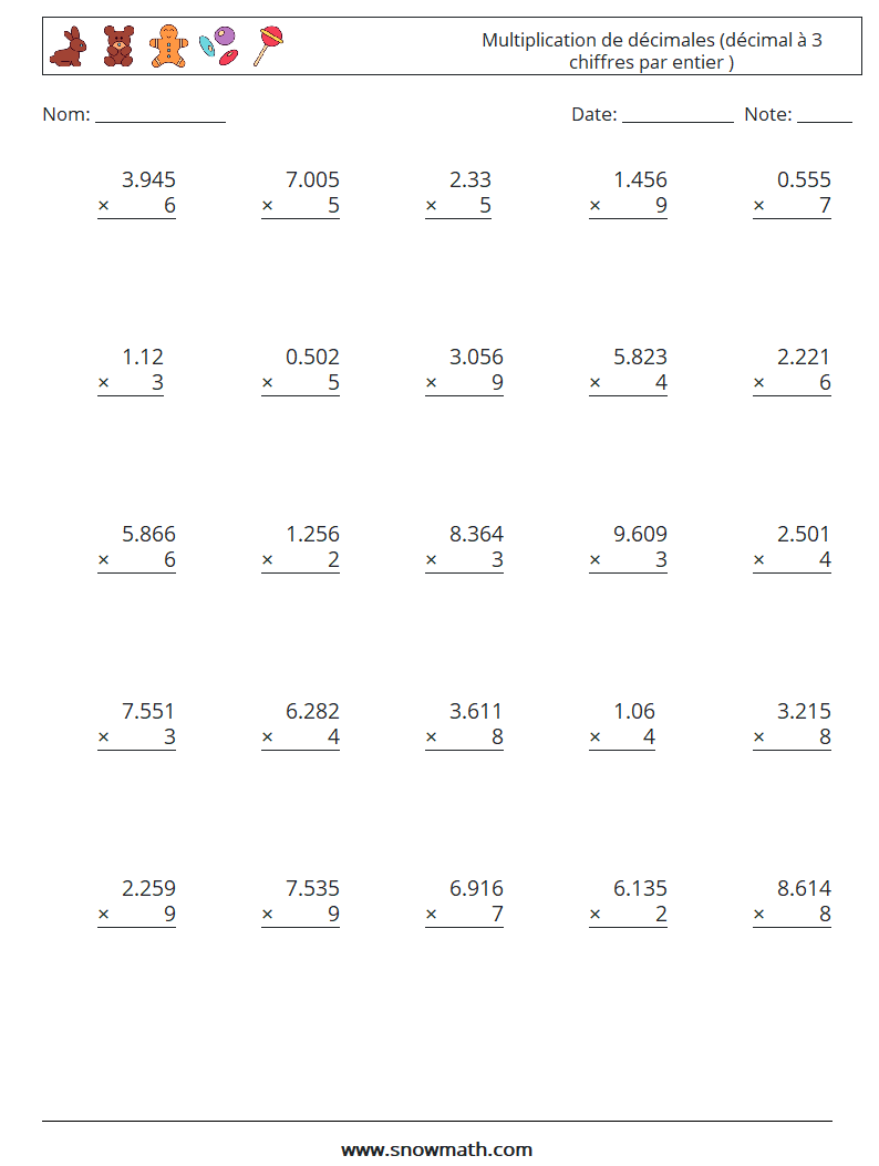 (25) Multiplication de décimales (décimal à 3 chiffres par entier ) Fiches d'Exercices de Mathématiques 16
