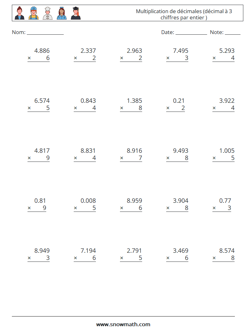(25) Multiplication de décimales (décimal à 3 chiffres par entier ) Fiches d'Exercices de Mathématiques 17