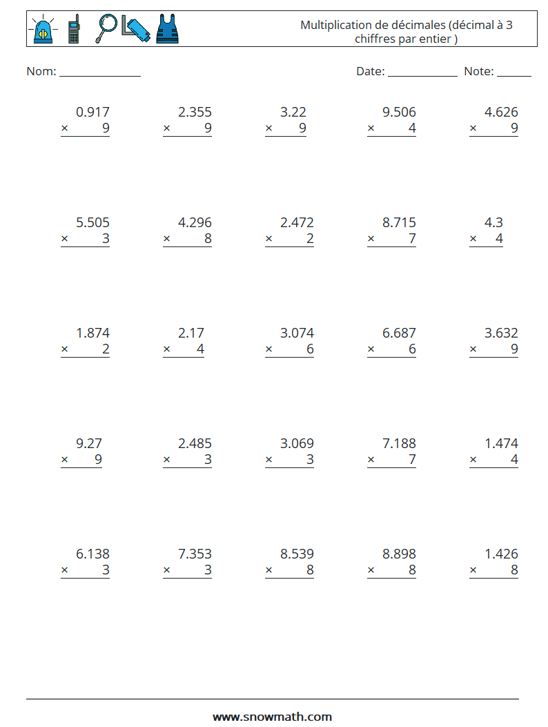 (25) Multiplication de décimales (décimal à 3 chiffres par entier ) Fiches d'Exercices de Mathématiques 18