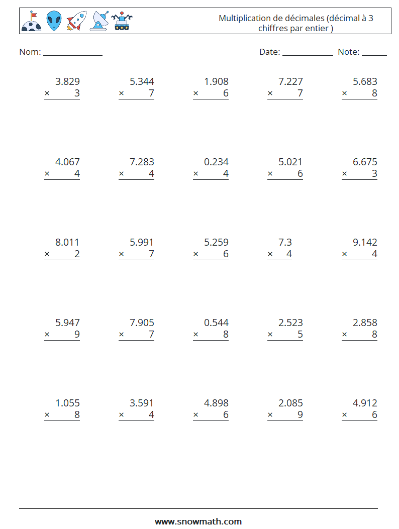 (25) Multiplication de décimales (décimal à 3 chiffres par entier ) Fiches d'Exercices de Mathématiques 2