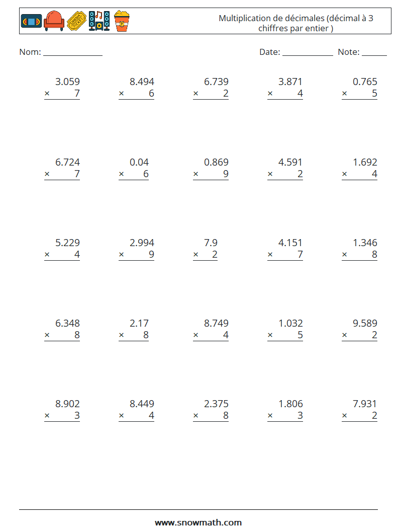 (25) Multiplication de décimales (décimal à 3 chiffres par entier ) Fiches d'Exercices de Mathématiques 3