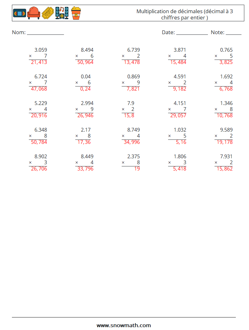 (25) Multiplication de décimales (décimal à 3 chiffres par entier ) Fiches d'Exercices de Mathématiques 3 Question, Réponse