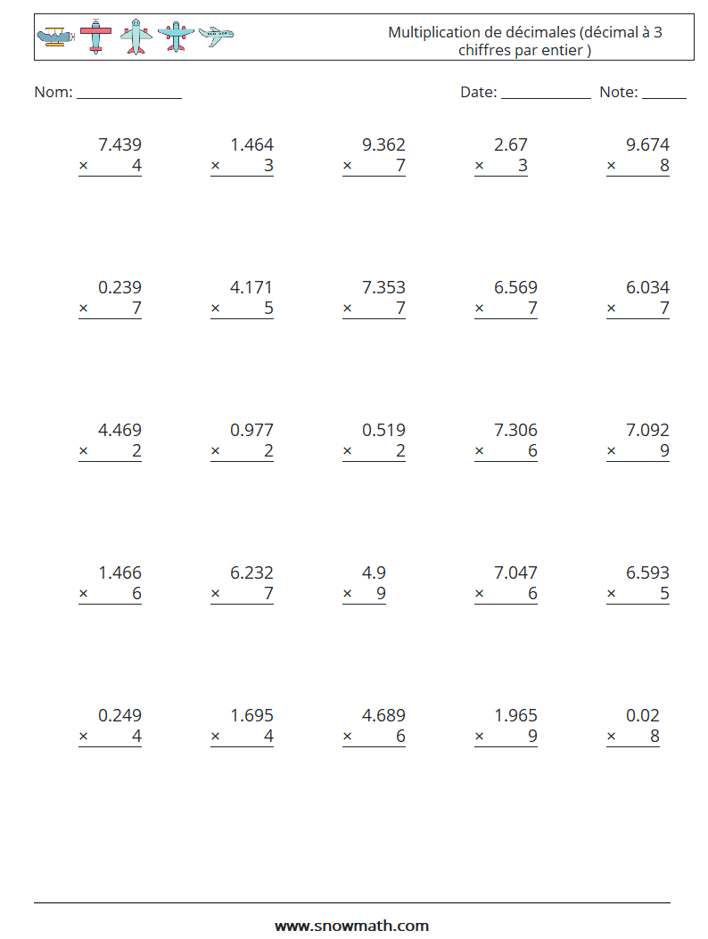 (25) Multiplication de décimales (décimal à 3 chiffres par entier ) Fiches d'Exercices de Mathématiques 5