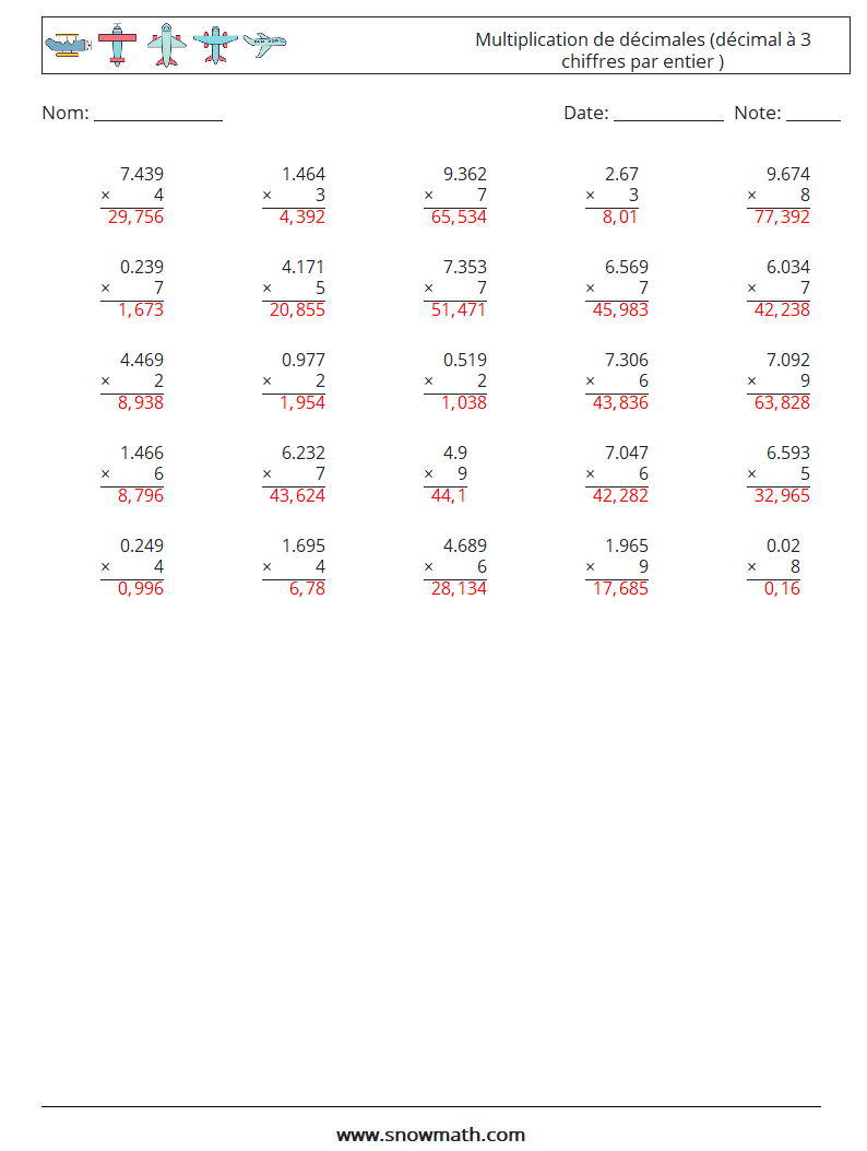 (25) Multiplication de décimales (décimal à 3 chiffres par entier ) Fiches d'Exercices de Mathématiques 5 Question, Réponse