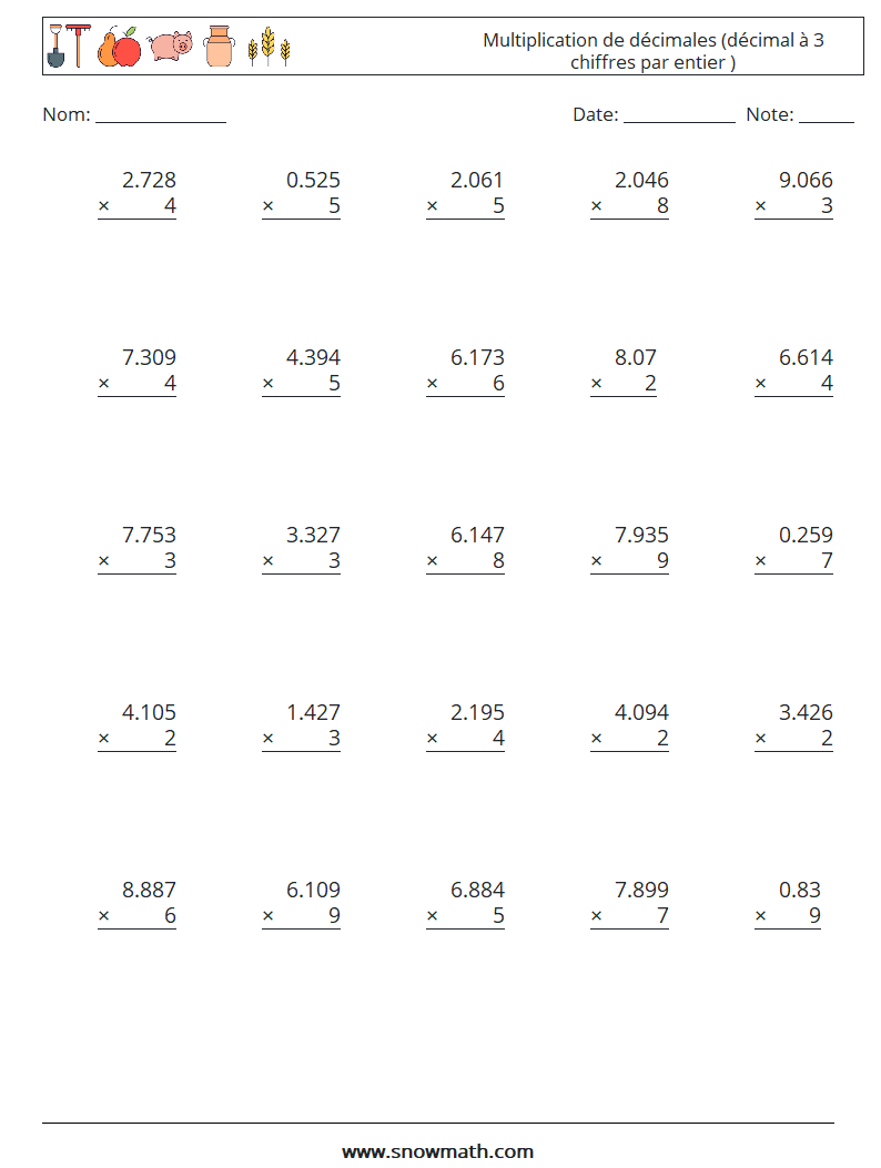 (25) Multiplication de décimales (décimal à 3 chiffres par entier ) Fiches d'Exercices de Mathématiques 6