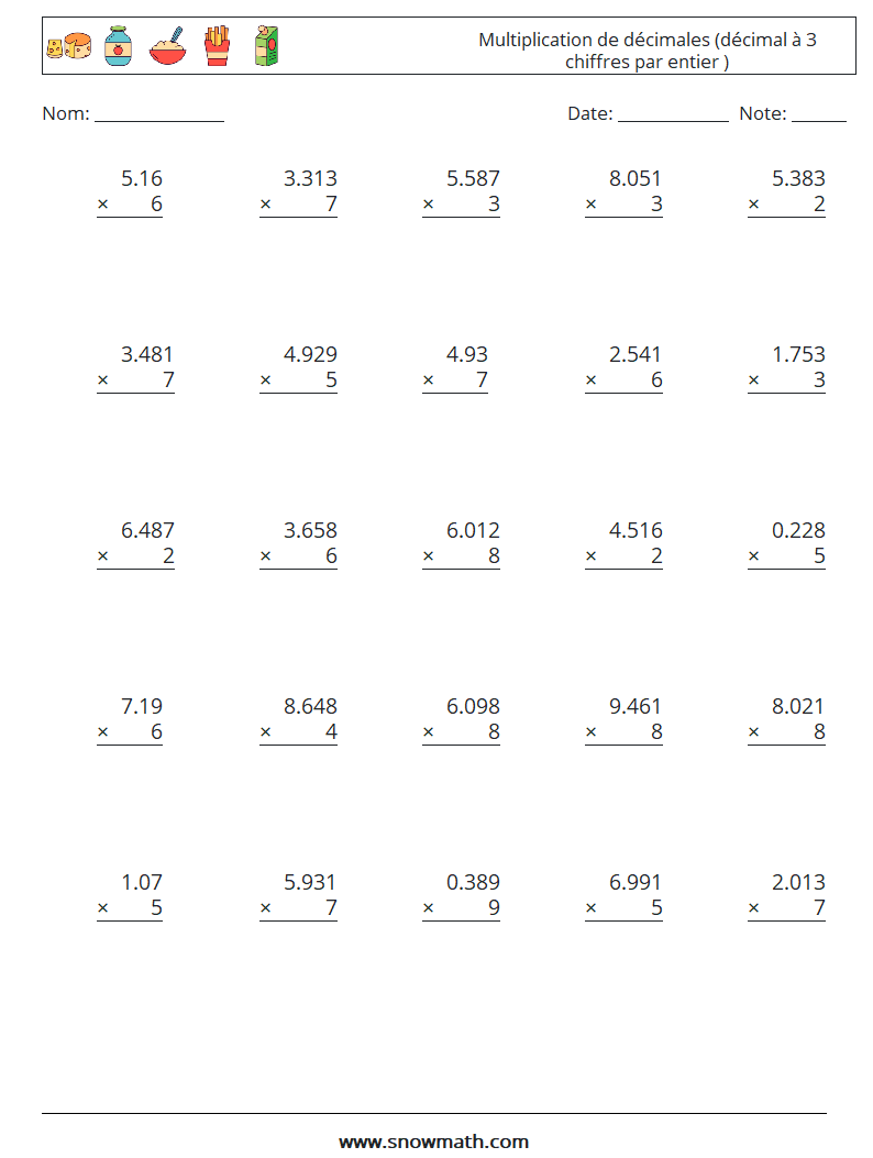 (25) Multiplication de décimales (décimal à 3 chiffres par entier ) Fiches d'Exercices de Mathématiques 7