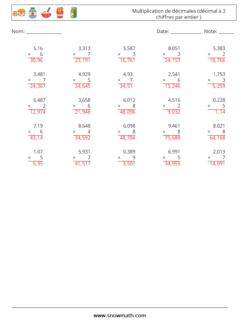 (25) Multiplication de décimales (décimal à 3 chiffres par entier ) Fiches d'Exercices de Mathématiques 7 Question, Réponse