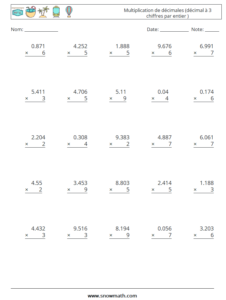 (25) Multiplication de décimales (décimal à 3 chiffres par entier ) Fiches d'Exercices de Mathématiques 8