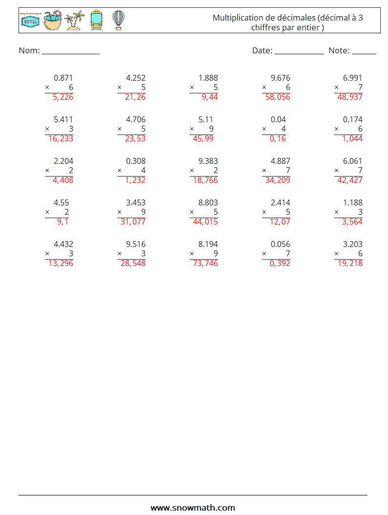 (25) Multiplication de décimales (décimal à 3 chiffres par entier ) Fiches d'Exercices de Mathématiques 8 Question, Réponse