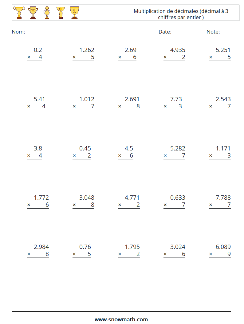 (25) Multiplication de décimales (décimal à 3 chiffres par entier ) Fiches d'Exercices de Mathématiques 9