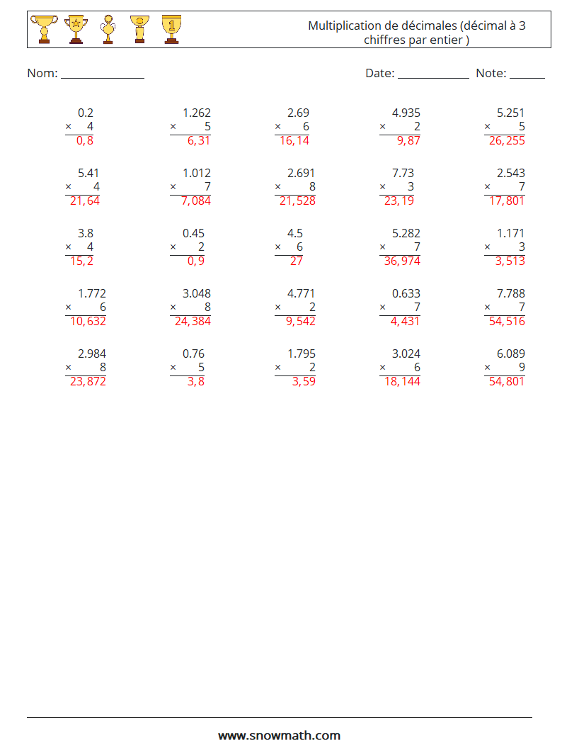 (25) Multiplication de décimales (décimal à 3 chiffres par entier ) Fiches d'Exercices de Mathématiques 9 Question, Réponse