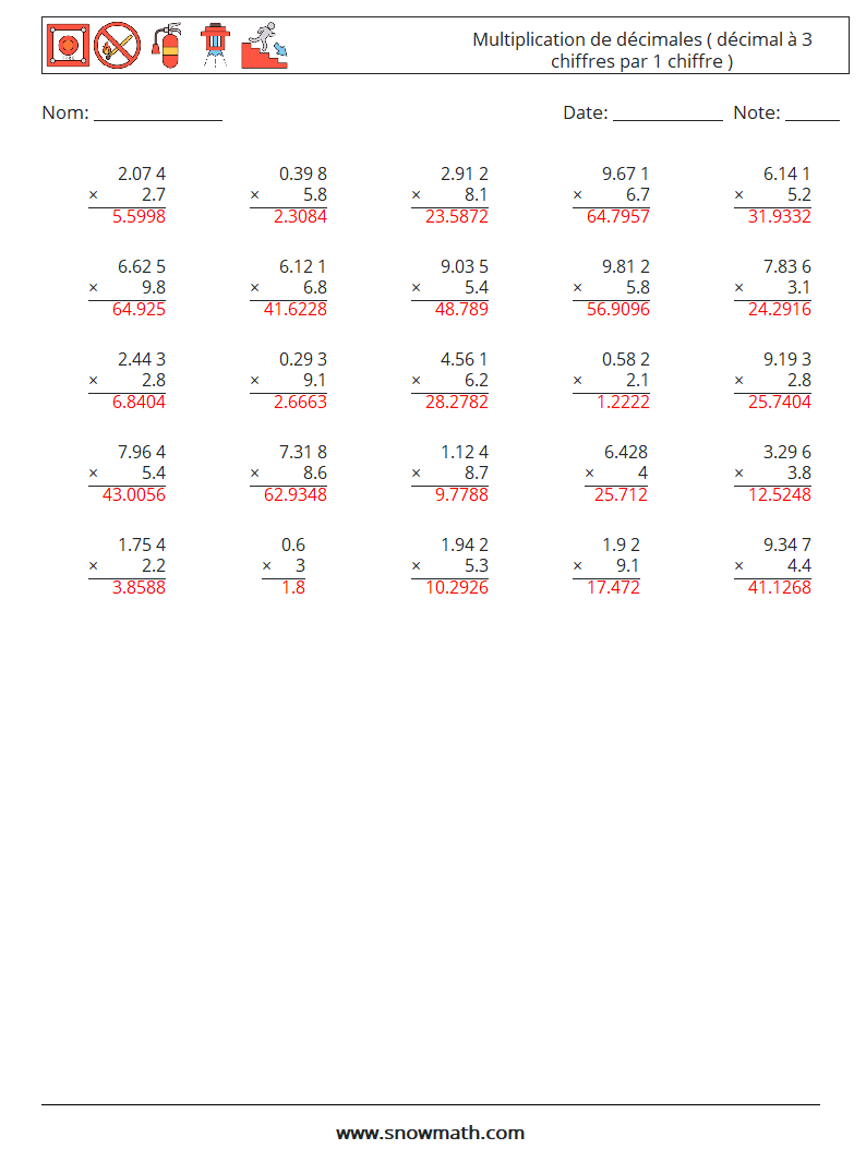 (25) Multiplication de décimales ( décimal à 3 chiffres par 1 chiffre ) Fiches d'Exercices de Mathématiques 10 Question, Réponse