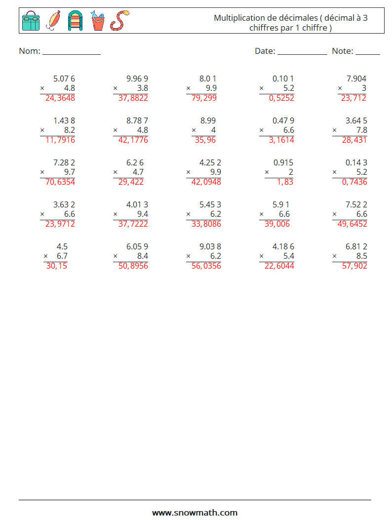 (25) Multiplication de décimales ( décimal à 3 chiffres par 1 chiffre ) Fiches d'Exercices de Mathématiques 11 Question, Réponse