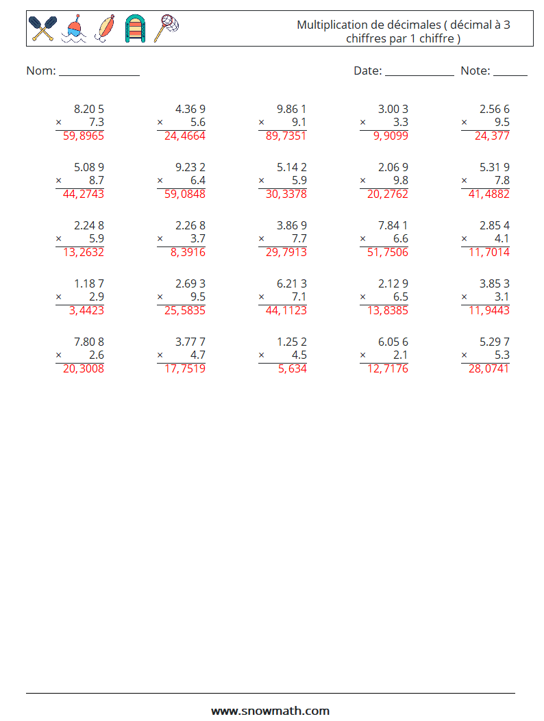 (25) Multiplication de décimales ( décimal à 3 chiffres par 1 chiffre ) Fiches d'Exercices de Mathématiques 12 Question, Réponse