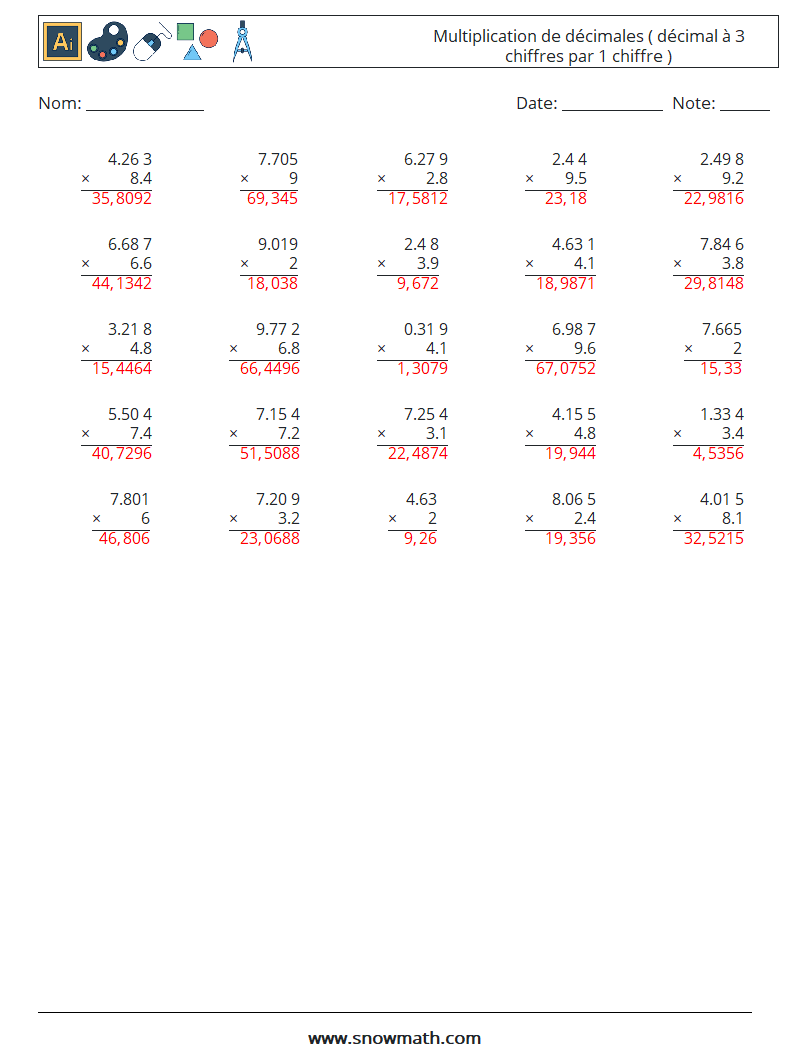 (25) Multiplication de décimales ( décimal à 3 chiffres par 1 chiffre ) Fiches d'Exercices de Mathématiques 16 Question, Réponse