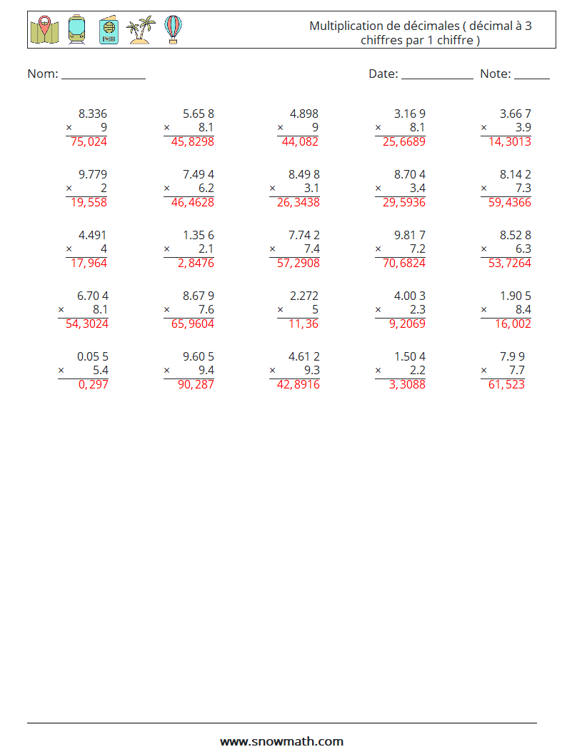 (25) Multiplication de décimales ( décimal à 3 chiffres par 1 chiffre ) Fiches d'Exercices de Mathématiques 18 Question, Réponse