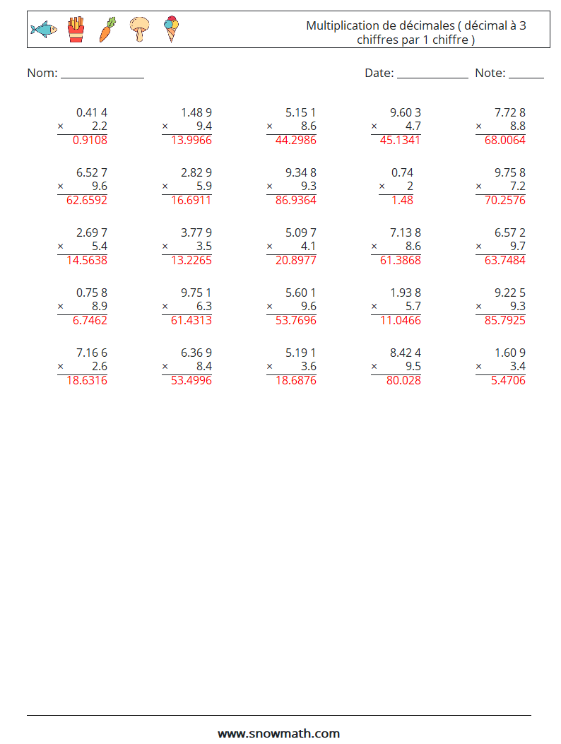 (25) Multiplication de décimales ( décimal à 3 chiffres par 1 chiffre ) Fiches d'Exercices de Mathématiques 2 Question, Réponse