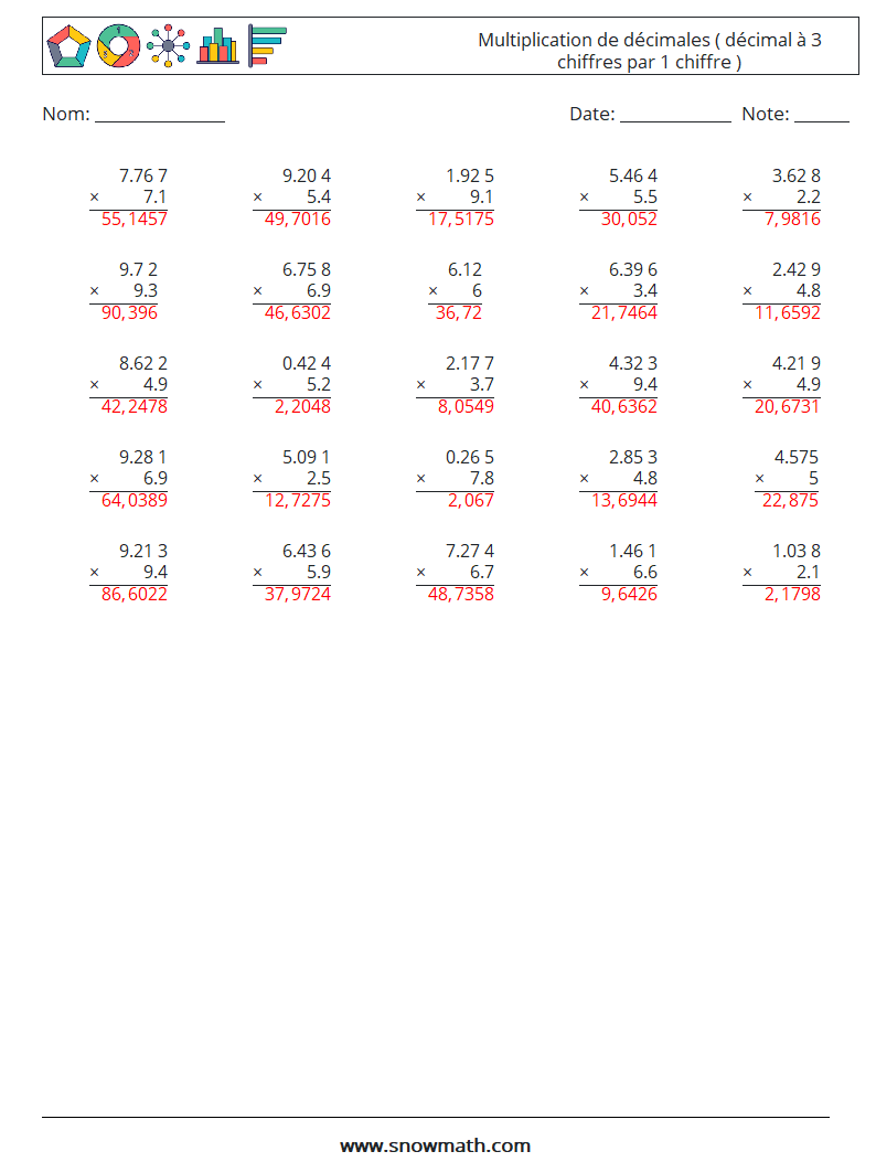 (25) Multiplication de décimales ( décimal à 3 chiffres par 1 chiffre ) Fiches d'Exercices de Mathématiques 4 Question, Réponse