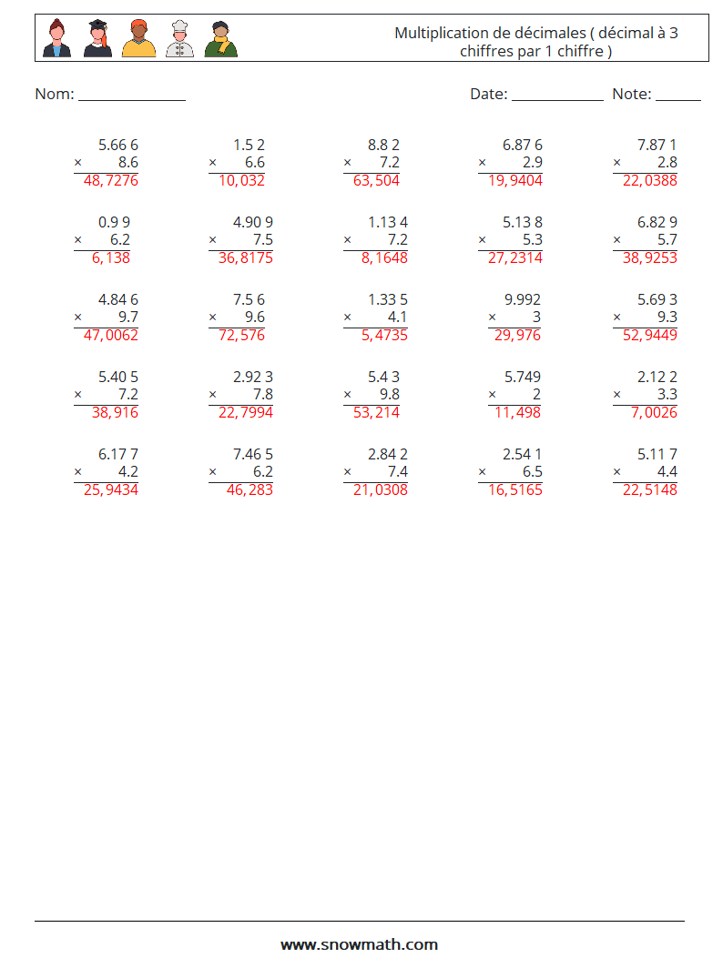 (25) Multiplication de décimales ( décimal à 3 chiffres par 1 chiffre ) Fiches d'Exercices de Mathématiques 8 Question, Réponse