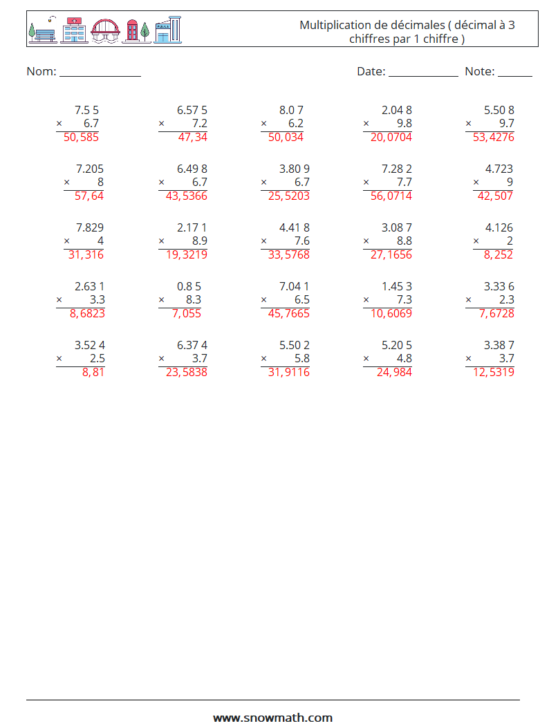 (25) Multiplication de décimales ( décimal à 3 chiffres par 1 chiffre ) Fiches d'Exercices de Mathématiques 9 Question, Réponse