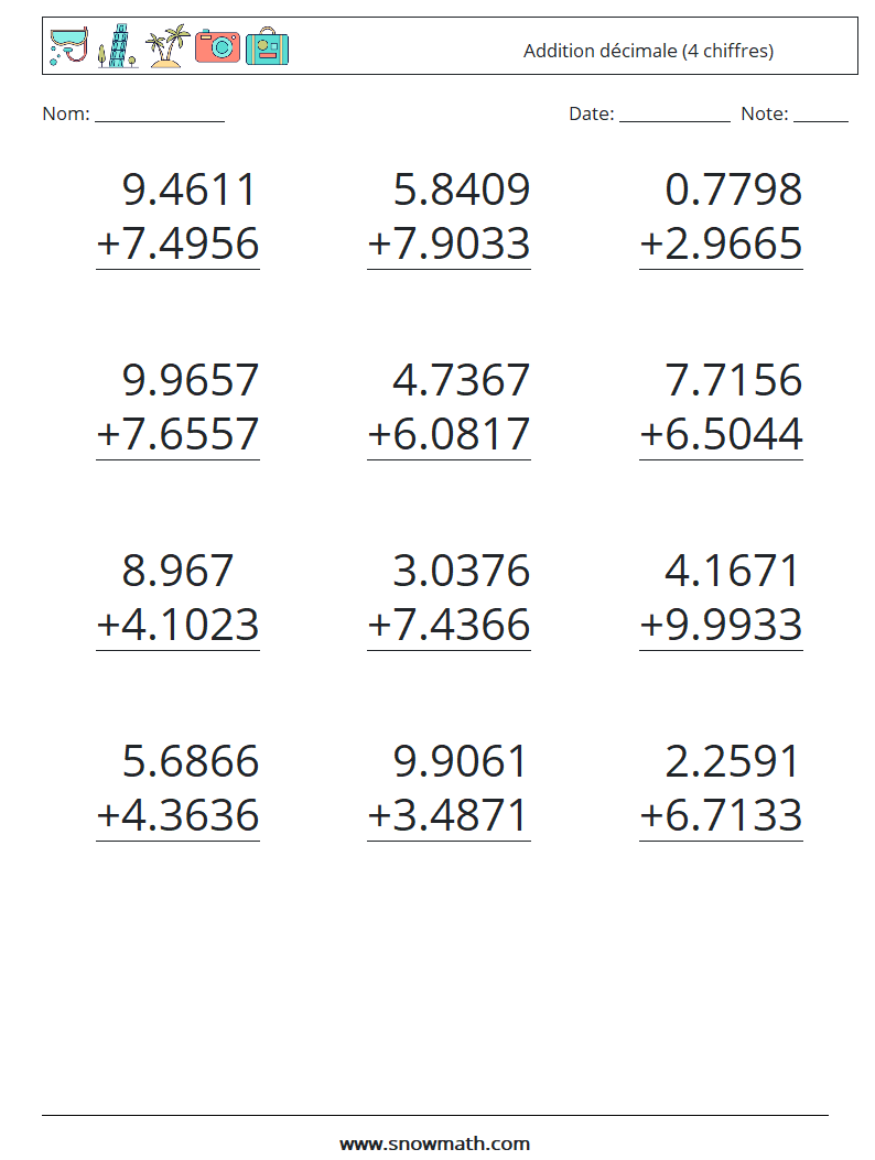 (12) Addition décimale (4 chiffres) Fiches d'Exercices de Mathématiques 1