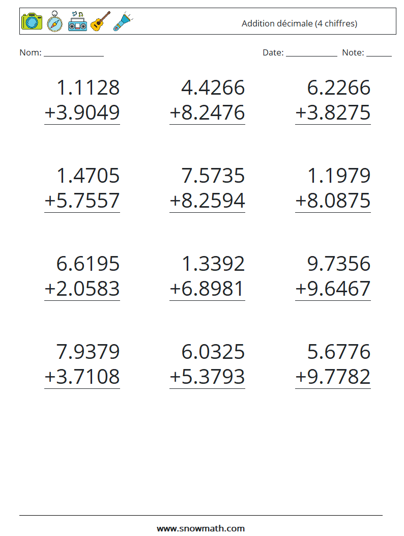 (12) Addition décimale (4 chiffres) Fiches d'Exercices de Mathématiques 10