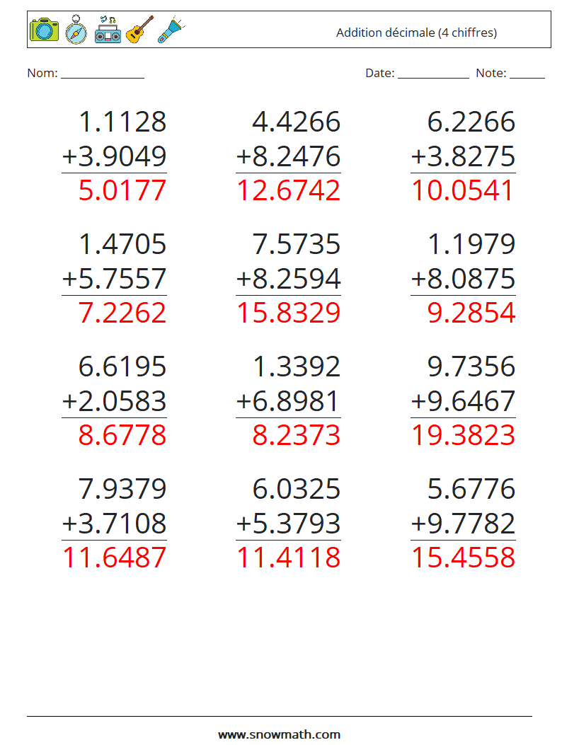 (12) Addition décimale (4 chiffres) Fiches d'Exercices de Mathématiques 10 Question, Réponse