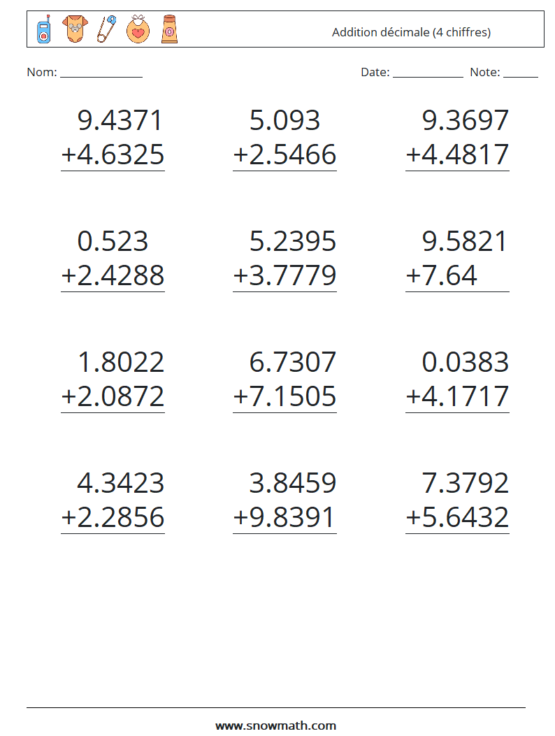 (12) Addition décimale (4 chiffres) Fiches d'Exercices de Mathématiques 11