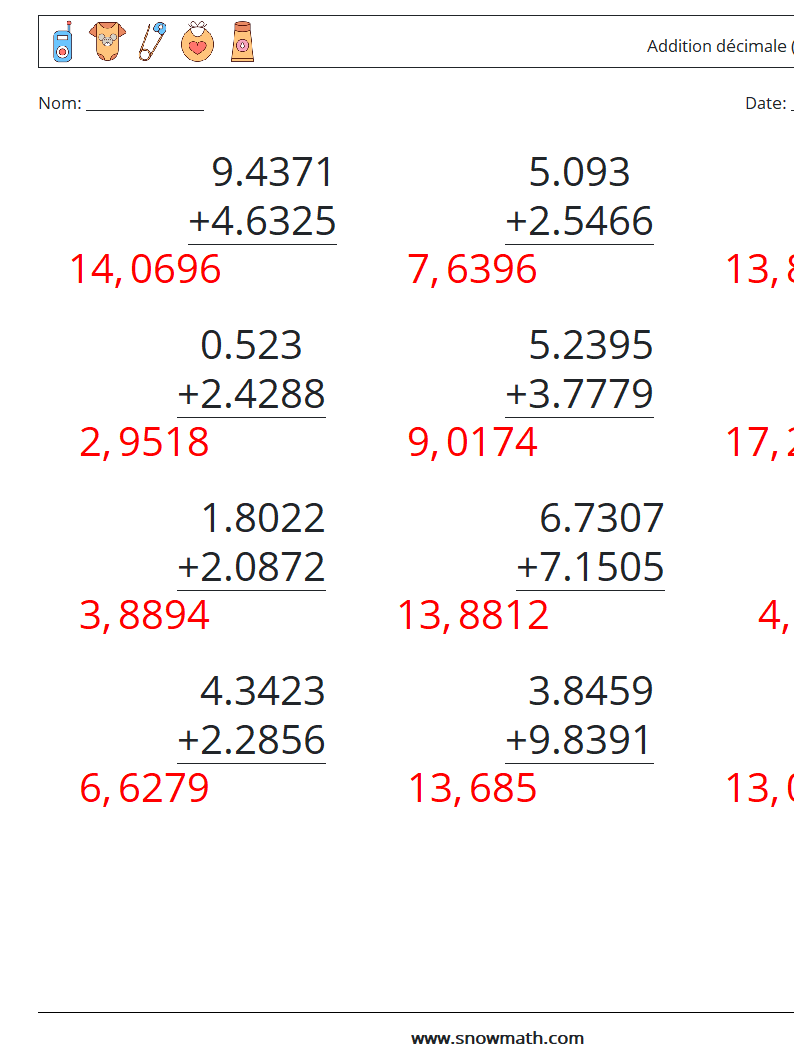 (12) Addition décimale (4 chiffres) Fiches d'Exercices de Mathématiques 11 Question, Réponse