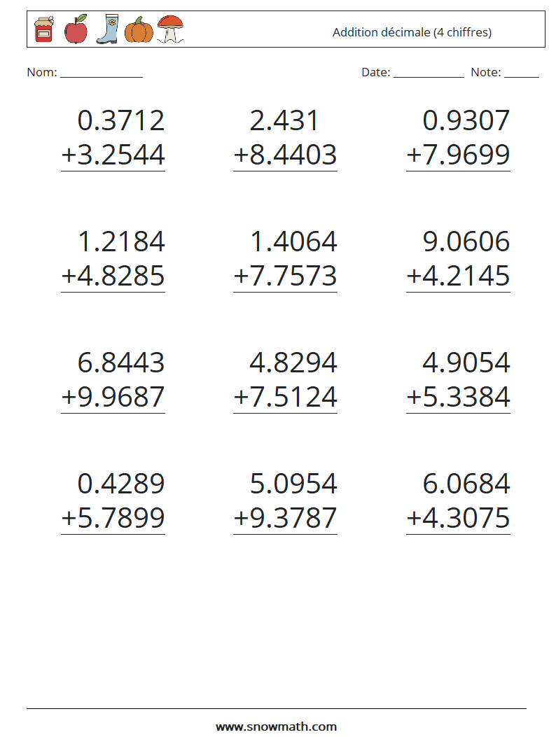 (12) Addition décimale (4 chiffres) Fiches d'Exercices de Mathématiques 12