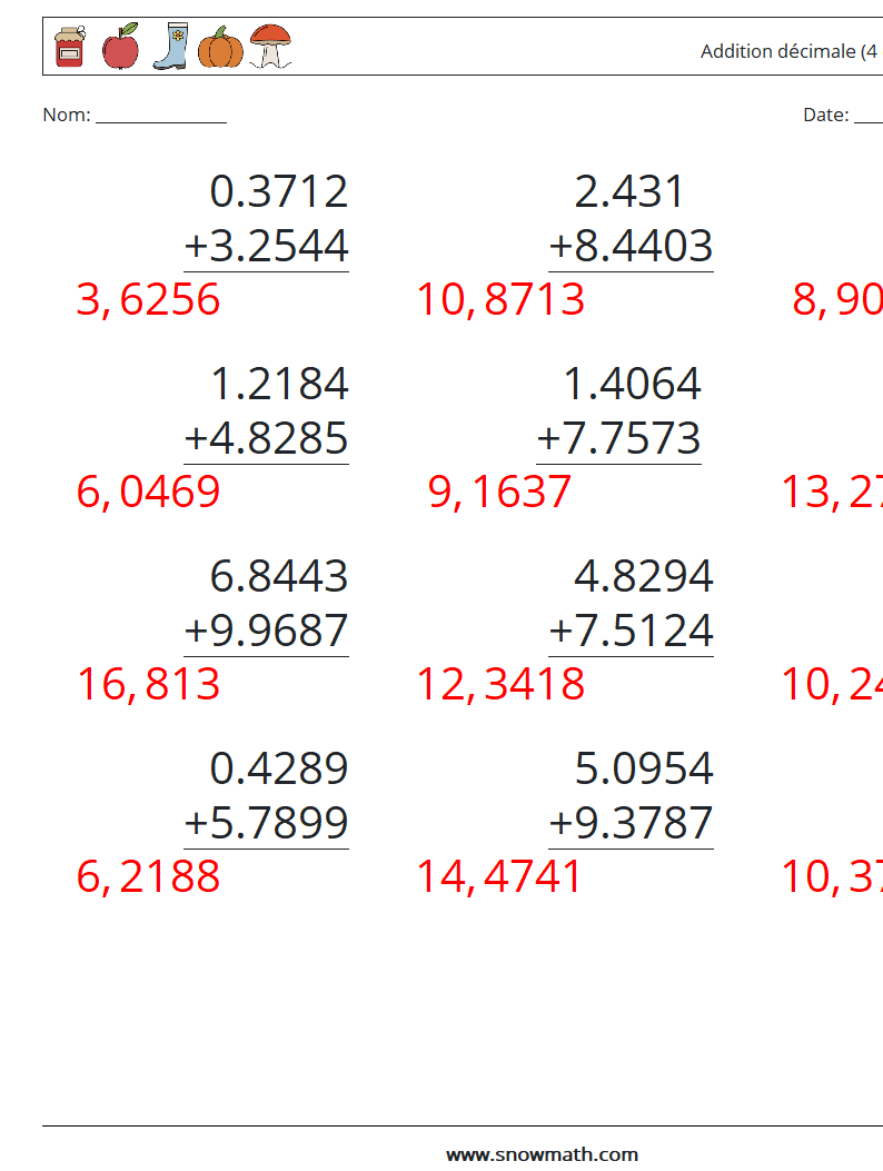 (12) Addition décimale (4 chiffres) Fiches d'Exercices de Mathématiques 12 Question, Réponse